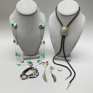 Jewelry Lot Silver Tone Charm Blue Bead Necklace Ring Earring Bracelet Bolo Tie